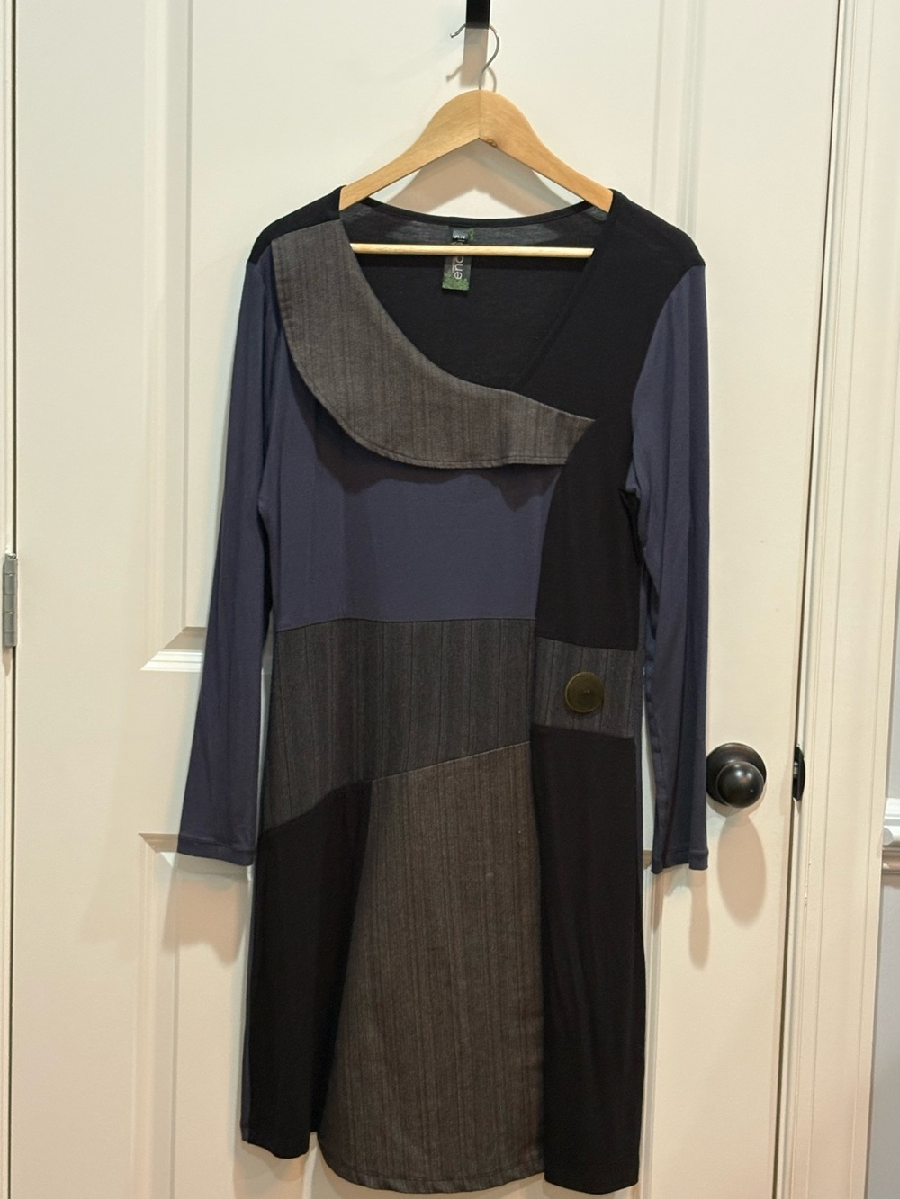 Patchwork Long-Sleeve Dress in Navy and Charcoal